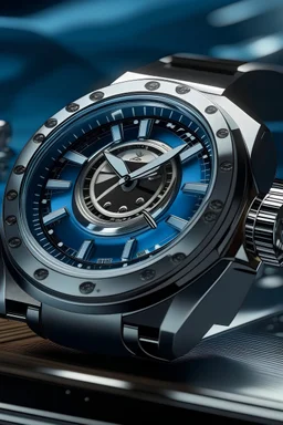 Generate a visually appealing scene of a Cartier Diver watch on a stable.cog, with reflections of surrounding elements on the watch case, emphasizing its polished finish and premium craftsmanship."