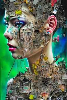 Ultra detailed medium portrait painting of anxiety , torn up collage of clippings, broken circuitry background, matrix effects, punk visual art, punk art aesthetic, graffiti art, pop surrealism, collage art, cluttered paint glitches