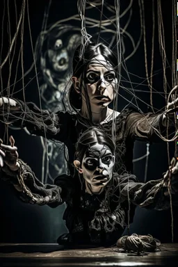 an abstract image of a woman seated on a table,facing to the front ,she is connected to string like a puppet, arms in air, moved by the strings, puppet like features in the face, beautiful face, behind her also facing the front is the puppet master,is a huge image of a man holding the strings, creepy gothic character,.zoomed in, dark and shadowy background with selective lighting on the woman, gothic and chaotic