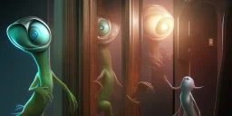 two aliens acting like people in an elevator