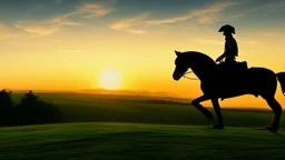 Silhouette of a lone horseback rider on the green hill at sunrise