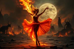 a stunning detalied surreal image where a dancer's dress transforms into fire, and tongues of flame, the background is the hell with demons, cracked and ruined nightly landscape, nightmare from the hell, dark siluettes, pale light, dark night, demons, crepy stunning image, masterpeace, thriller