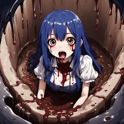 Anime girl with big eyes, darkblue and sepia tones, fullbody, slime, the perspective looking up from the bottom of an empty well, rolling eyes, tongue out, blood drip, open mouth,