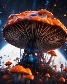 A weird floating mushroom house in galactic space. black blue orange and white, Dark cosmic interstellar. Detailed Matte Painting, deep color, fantastical, intricate detail, splash screen, hyperdetailed, insane depth, concept art, 8k resolution, trending on Artstation, Unreal Engine 5, color depth, backlit, splash art, dramatic, High Quality Whimsical Fun Imaginative unusual, good composition