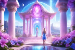 bellissima ragazza del futuro in piedi con alle spalle un tempio magico di un altro pianeta con tetto aperto in stile ferico con natura e fiori rosa e azzurri e cristalli e gemme in giardino con due colonne di luce e cielo aperto luminoso.