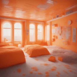 Surreal bedroomwhere everything is in plastic, sunny orange, even the walls and windows and shaggy carpet, futuristics