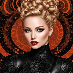 "full body portrait in close up of Pretty woman , pretty eyes, red lips, blond curly hair with bun, black shiny latex dress, black orange complex background ,intricate swirls, tiny circles,, , vector fractal, wave function, Zentangle, 3d shading)"