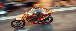 seen from above, tattoo style, motion blur, airbrush art, elon musk riding inside an awesome standing cyberpunk trike spaceship in copper, fast one in the shape of a transparent snail , now its gonna do an awesome gig , bokeh like f/0.8, tilt-shift lens 8k, high detail, smooth render, down-light, unreal engine, prize winning