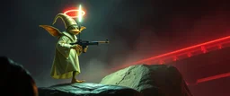 volume fog light, hyper real close up on rock ant cricket duck priest gremlin man general with hi tech transcendent weapon arsenal from hell, guarding bridge up to space gellyfish saucer neon plastic transparent