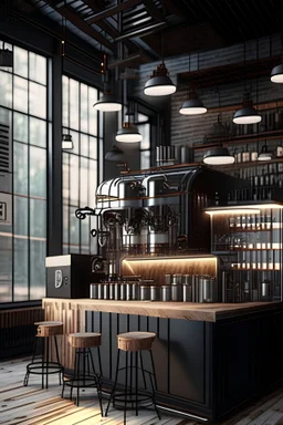 10k hyper realistic detailed modern industrial design Cafe/shop with glass paneling, low hanging lights, large Coffee machine and coffee grinder