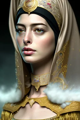 close up portrait of fog as wonderfull Anne Hathaway woman hijab, fine detail, highly intricate, modern surrealism painting, defined cracks and breaks, high-quality, volumetric lighting, 8k, ultrahd, George Grie, Marco Escobedo, Igor Morski,Brian Froud, Howard Lyon, Selina French,