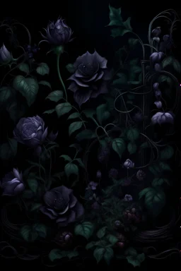dark garden with grapevines, occult, darkness, purple flowers and black roses