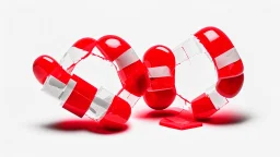 a bubble pack of red pills, next to torn red ribbon, on a white background