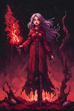 Girl wizard, fullbody, behind blood guts rising from the ground, horror, galaxy, darkred tones, 8bits, pixel art,