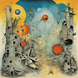 Us and them don't need no thought control, by Roberto Matta and Joan Miro and Gerald Scarfe, asymmetric British wall and brick textures, abstract surreal color ink illustration, sci-fi dreamscape, Pink_Floyd album art, dramatic, color you like splash, minimalism