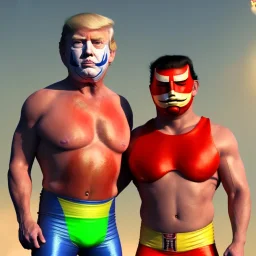 Realistic image of Donald trump wrestler, Mexican wrestling style, Mexican wrestling mask for eyes, red and blue breeches, glow us flag dress, suspenders, retro style, 80s, vibrant color, highly detailed, sky background, concept art, unreal engine 5, god rays, ray tracing, RTX, lumen lighting, ultra detail, volumetric lighting, 3d, finely drawn, high definition, high resolution.