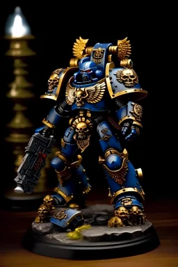 Gilded Navy Blue, Custom Warhammer 40k Primarch, based off being a doge, with a custom si-fi plant killing chaos space marines from the Black legion. Have the doge part only be the head, high quality, dark navy blue, with wings and a two handed warhammer