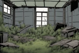 shed, overgrown apocalyptic, grey background, comic book,