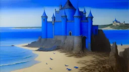 A blue violet castle near a beach painted by The Limbourg brothers