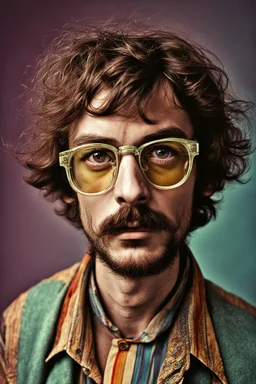 bohemian young ugly, strange not pretty man with Parisian bohemian look and glasses of colours and poor and short short short and poor hair on the head with receding hairline. Farsightedness glasses with big eyes. Shirt beard in the head. Vintage look and feel like photo style-of the 70s