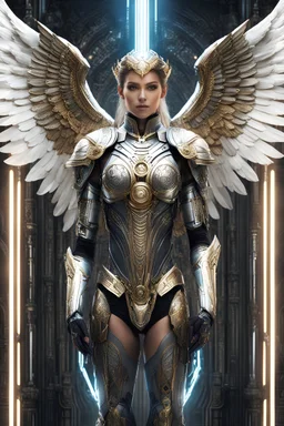 Fullbody photography beautiful woman Angel stand up Biomechanical Symmetry!! Facing front portrait of Horus, sci-fi armour, tech wear, glowing lights!! sci-fi, intricate, elegant, highly detailed, digital photograph