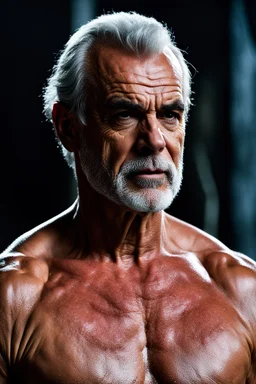 Sean connery as a 55 year old muscular male with salt and pepper hair. His beard is neatly trimmed. Dark Fantasy, hyperrealistic