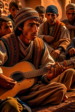 Berber teenager, detailed, hyper realistic, in the middle of a traditional Berber music performance, playing a three-stringed lute (guembri) with intense concentration, surrounded by onlookers in a village festival.