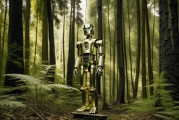 C3PO en mitad de un bosque de hayas, cuerpo entero, fotografía, disparo realizado con una cámara Leica, objetivo 35 mm, retrato, fondo desenfocado