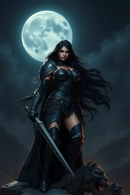 A BEAUTIFUL GIRL, BLACK LONG HAIRED, BIG BUB, NICE BODY, DRESSED A BLACK ARMOUR, WARRIOR AND AMAZON WOMAN, STAY ON TOP OF MPOUNTAIN, MOONSHINE AND FAIRY TURN AROUND HER, DARK NIGHT BACKGROUND,