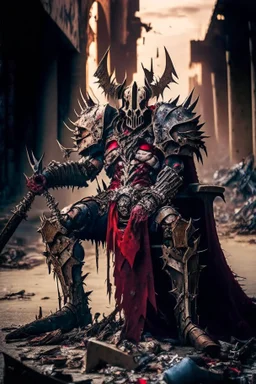 metal maden male chaos warrior of khorne in armor is holding a great sword in a ruined post-apocalyptic city, sci-fi, fantasy, horror, skulls on the ground, blood, Tornado, Roman, Empty chairs,Tangled roots,Key, Warped,Mangled,Ethereal, (Isolation:1.1), (Glaze:1.1), (Reflected light:1.2), Glass, Polygon, ultra detailed, intricate, oil on canvas, dry brush, (surrealism:1.1), (disturbing:1.1), trending on artstation, sharp focus, studio photo, intricate details, highly detailed, by greg rutkowski,
