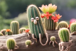 cute cacti creature on driftwood in the flowergarden