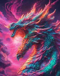 Close up shot, Dragon in a vibrant synthwave dreamscape, neon chaos swirling energetically around pixelated forms, a dynamic fusion of retro gaming nostalgia and futuristic abstraction