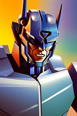 Fotoretrato de un transformer de 1980, debe ser algo decadente. Vibrante en colores, solo su cara es un retrato. Megatron, optimus prime. Animé. Wasted drunk.