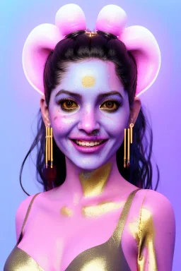 Ultra Realistic image, Rosalía artist, smile portrait, waist up portrait, long black eye line, sweet face, gold pink and blue geisha style, spray glow make up, led lights, neon, gold piercing nose, gold teeth, led ornament, glow pink iris, fog, oversized bubble latex coat, vibrant color, highly detailed, art stations, concept art, smooth, unreal engine 5, god rays, ray tracing, RTX, lumen lighting, ultra detail, volumetric lighting, 3d, finely drawn, high definition, high resolution.