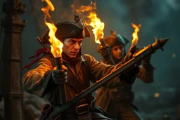 master oil painting, bad ass teen age nerd swashbuckler pirates fighting with torches in the night decapitating like crazy in the style of Fallout 4 , bokeh like f/0.8, tilt-shift lens 8k, high detail, smooth render, down-light, unreal engine, prize winning