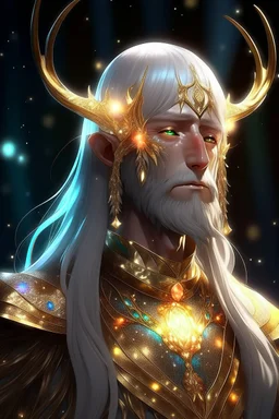 Eladrin Male antlers druid beard sparkling radiance prismatic star form