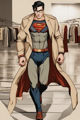 a Clark kent Superman winter fashion runway with modern clothes by Superman style clothes, embroidery elegant fashion beige tones