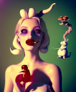 Ultra realistic portrait, wonderland party club, wide-angle lens, couple, cinematic, happy blonde woman smoking a pipe, accompanied by elegant anthropomorphic white rabbit, circus dress style, old school tattoo, laughter, smoke, marijuana and mushrooms background, glow eyes, perfect iris, soft color, highly detailed, unreal engine 5, ray tracing, RTX, lumen lighting, ultra detail, volumetric lighting, high definition.