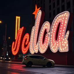 advertisings on giant signs in an unknown script (nstreet, made of cake-frosting and felt, volumetric light, Yves Tanguy, Joan Miró, hypermaximalist, night, nightmare, fun, 3d, odd logo, persone, auto, chaos