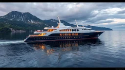 The description should capture the elegance of the ship, the beauty of the surrounding landscape,
