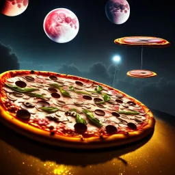 flying pizza, 8k, extremly detailled, cyberpunk art, night,moon shining gold,luxus, rain, antik,