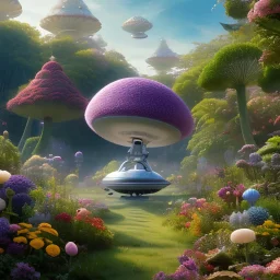 pixar style, volumetric summer garden environment and background, realistic painting of a flying saucer, looking excited, detailed digital painting, extreme dense and fine fur, anime, ornate, colour-washed colors, elegant, small minutiae, tiny features, particulars, centered, smooth, sharp focus, renderman gofur render, 8k, uhd, detailed eyes, realistic shaded volumetric lighting, sunlight caustics, backlight, centered camera view