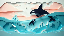 Paper-cut scene featuring dreamscape - Orca with her baby orca swimming in the ocean around icebergs , Colorful, layered paper cutouts create a 4-dimensional effect, pastel colors, oval shapes
