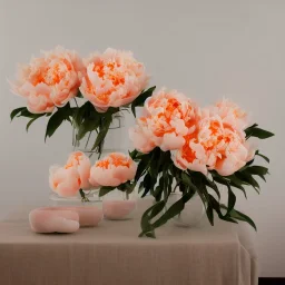 cinematic shot of peonies made from peach tulle in a glass bowl, warm lighting, soft lighting, sun light effects, linen, luxurious