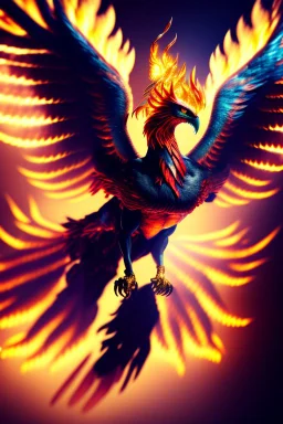 Create a ultra high definition and photorealistic image, 12k quality of a beautiful phoenix, majestic and strength showing, emphasis on texturized claws, upclose with a front view flying towards the camera, centre of an explosive and chaotic background scene of Armageddon where he is followed by demon like dark clouds in persuit trying to grab him, phoenix has striking eyes and determined look, majestic wings folded inwards in flight, bright auburn, black, white, grey and yellow colours, gothic