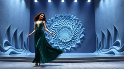 modern stage with gray-blue theme artistic decoration , color full dynamic lighting, a beautiful lady in modern maxy dark green dress with shining silver jwells dancing, 3D recursive fractal structure animating background