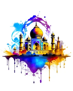 logo on transparent background paper, chromatic, zoom, sharp, realistic, splash of colors on a white background, a detailed golden purple sunset fire style, detailed realistic earth, Taj Mahal with light blue water, graffiti elements, powerful zen composition, dripping technique, & the artist has used bright, clean elegant, with blunt brown, 4k, detailed –n 9, ink flourishes, liquid fire, clean white background, zoom in, close-up