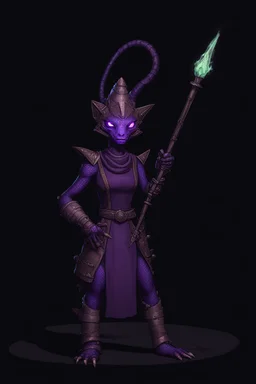 a black and purple, female argonian artificer who uses Tesla coils as weapons, skinny, lightly armored