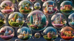 A stunning 3D render of miniature worlds, captured in floating transparent bubbles. Each bubble showcases a unique scene, such as quaint villages, mystic, gardens, tropical island, enchanting castles, alien palnet, or whimsical fairy-tale landscapes. The miniature towns with featuring quaint houses, markets, and charming residents. In the gardens colorful delicate flowers and lush greenery. The castles are majestic and grand, with towers, big gates. Unusual and captivating plants coexist with ma