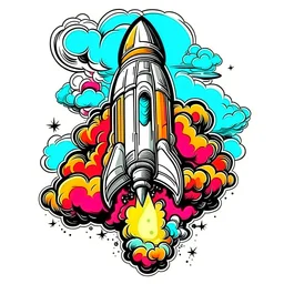 STICKER tshirt print design (on a white background1.2), digital art of Pop Art-inspired Retro Rocket blasting off into psychedelic skies, (Comic book style1.2), highly detailed, 4k, masterpiece.